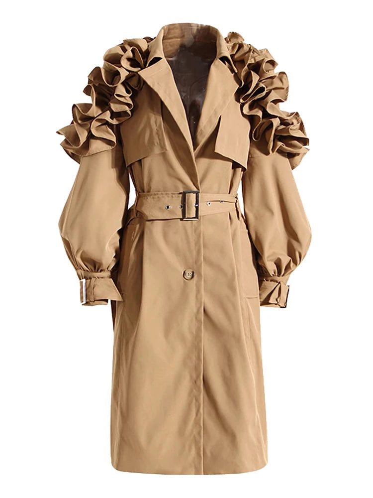 Beige trench coat with ruffled sleeves